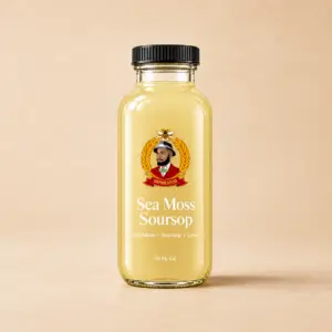 Dr. Phil Good Sea Moss Soursop 16 fl oz bottle on a warm stone background
