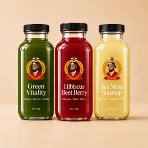 Dr. Phil Good Green Vitality, Hibiscus Beet Berry and Sea Moss Soursop bottles standing upright together on a warm stone surface